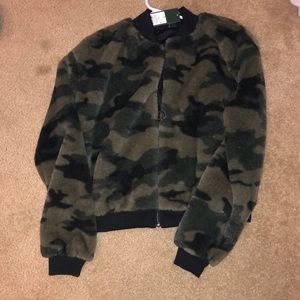 Camo bomber jacket, fuzzy on the outside